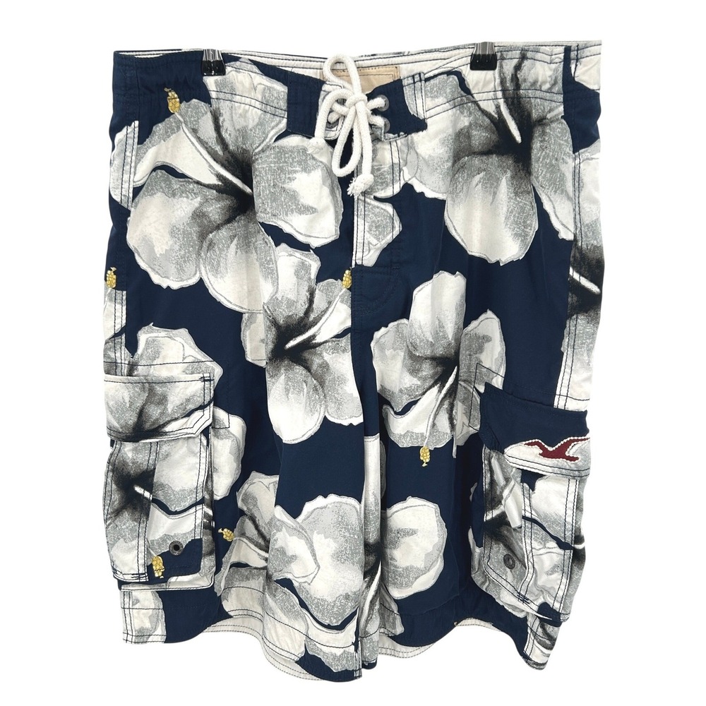 Hollister Board Shorts Floral Tropical Cargo Large Navy Blue Y2K Surf Coastal